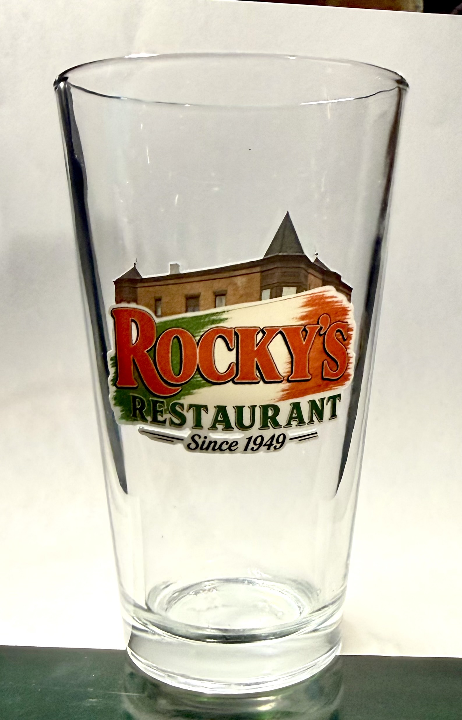 Rocky's Restaurant logo printed on a pint glass